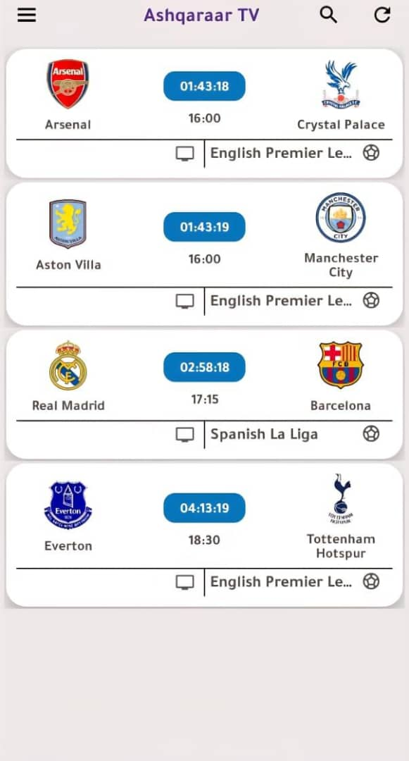 Ashqaraar TV live matches — Premier League and La Liga with real-time scores